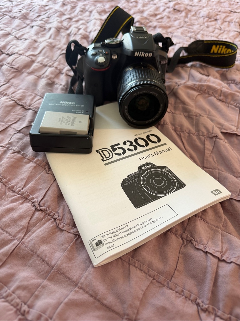 Nikon D5300 Black DSLR with Black Kit Lens and Yellow-Trim Strap
